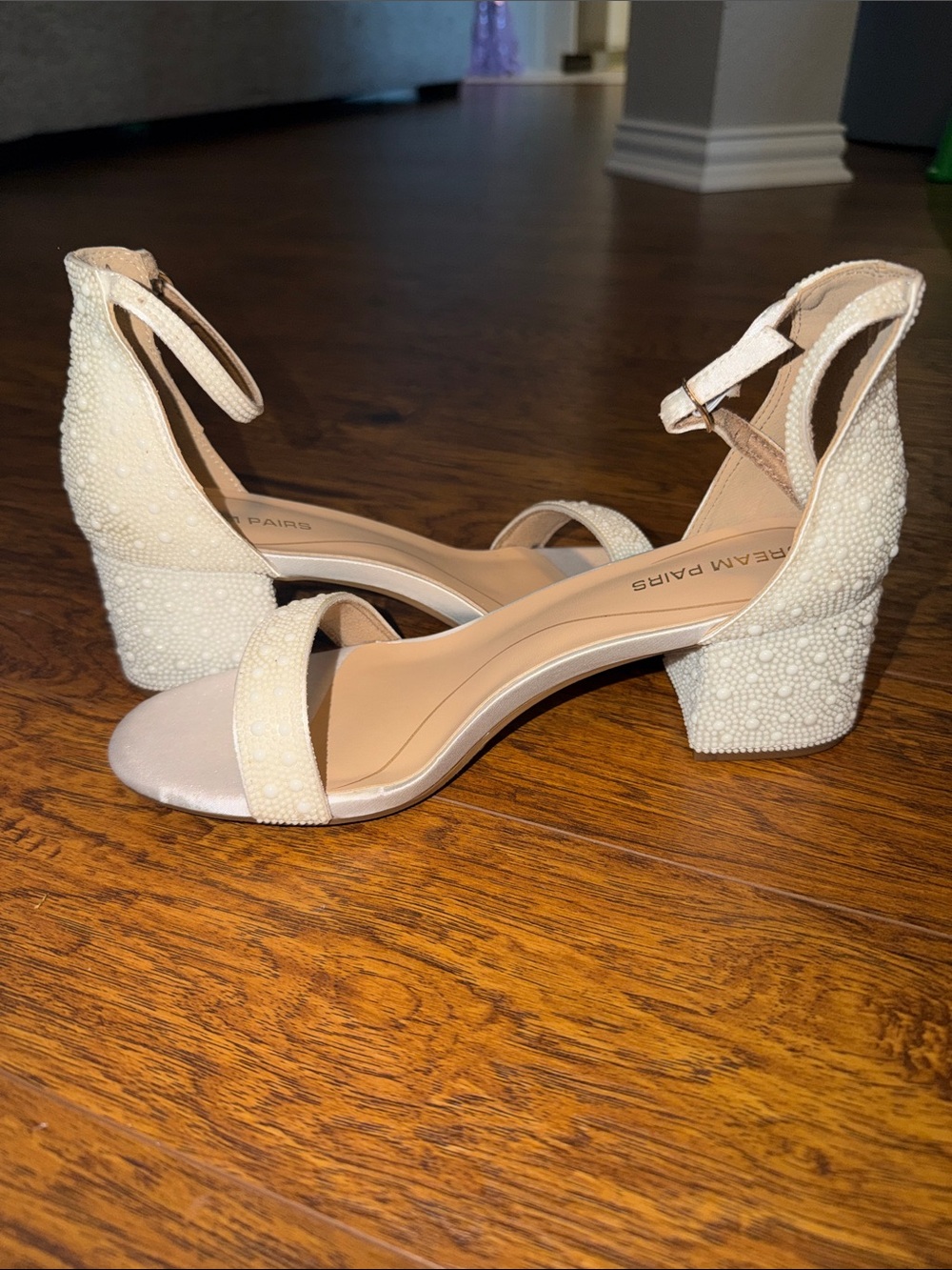 Beaded Ankle-Strap Block Heel Sandals in Ivory